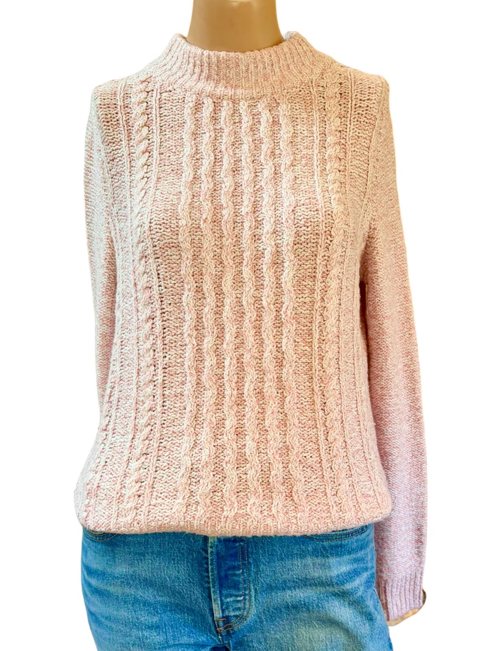 Tommy Hilfiger Baby Pink & White Marled Cable Knit Mock Neck Sweater Small EUC
